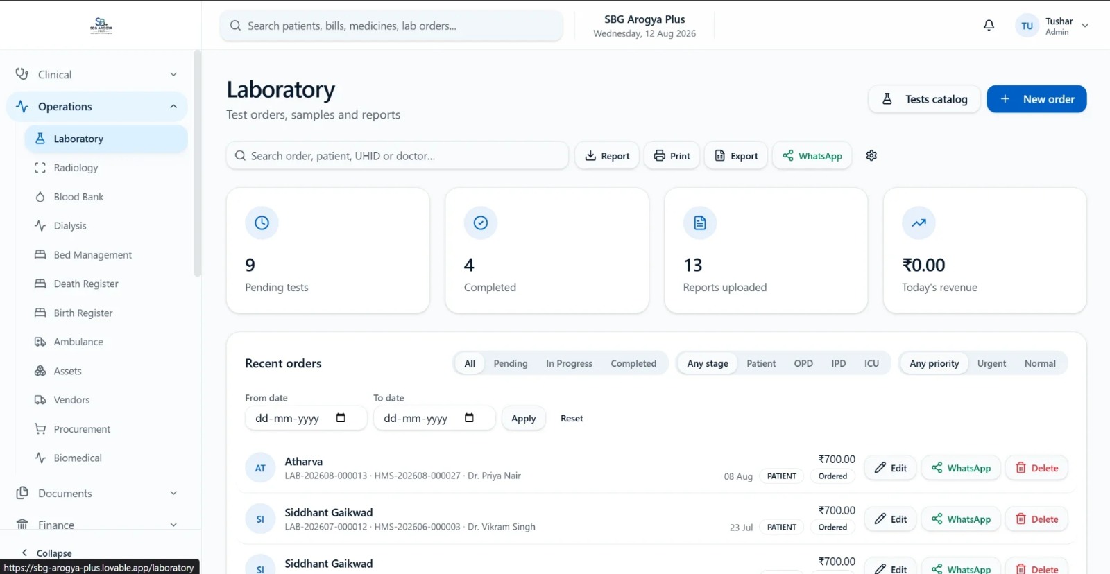 Hospital Operations — hospital management software module screenshot
