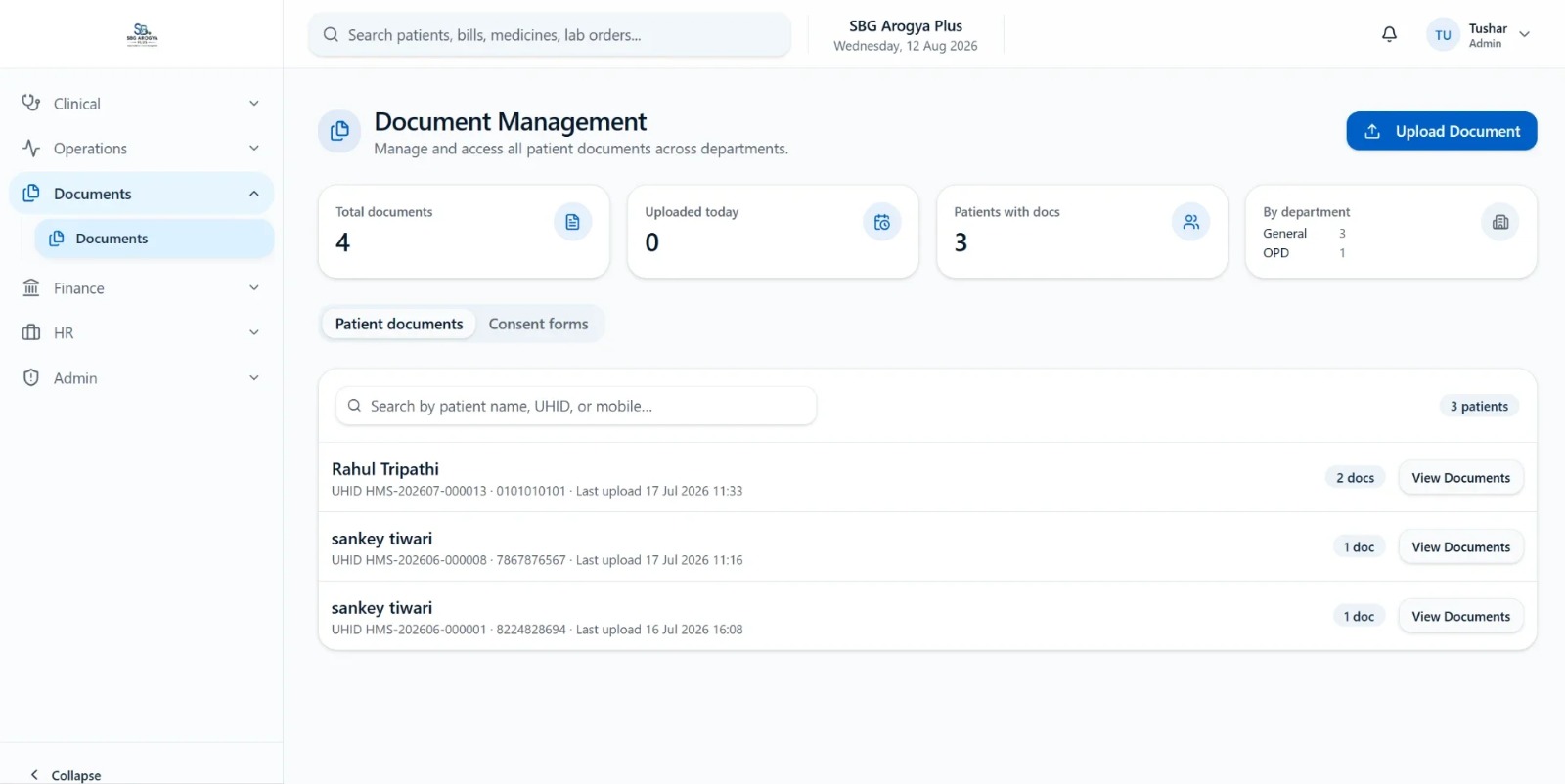 Document Management — hospital management software module screenshot